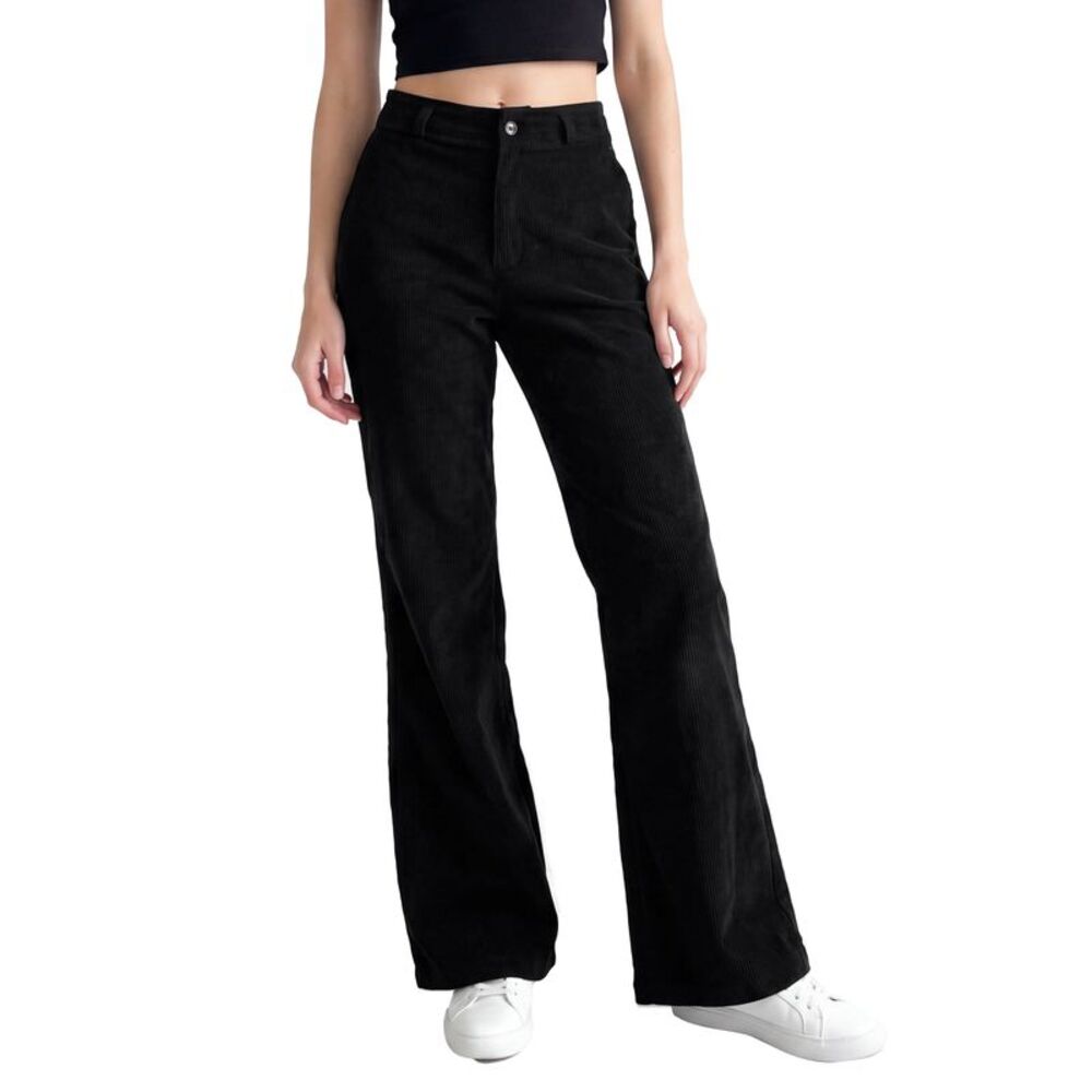 Women's Corduroy High Waist Straight Leg Pocket Pants Black